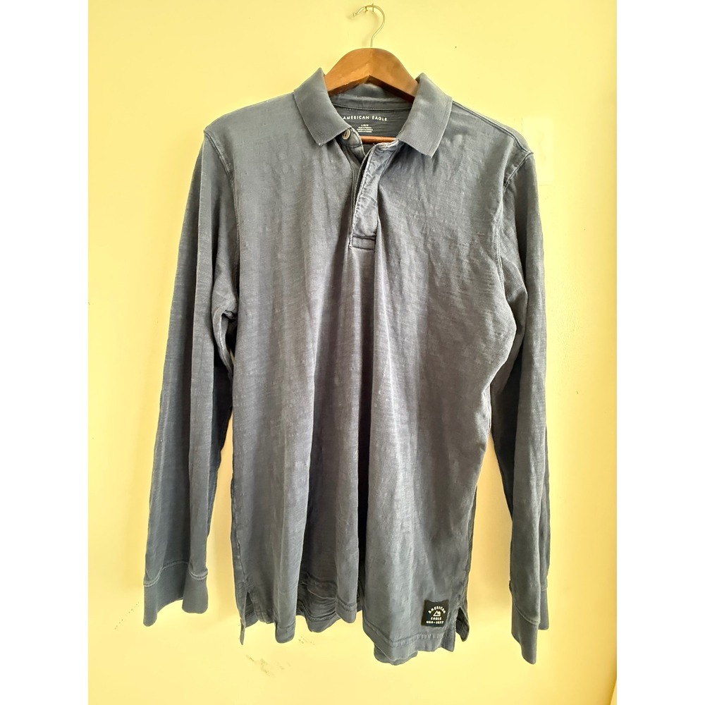 American Eagle Mens Long Sleeve Polo Shirt Blue Slub Cotton Large